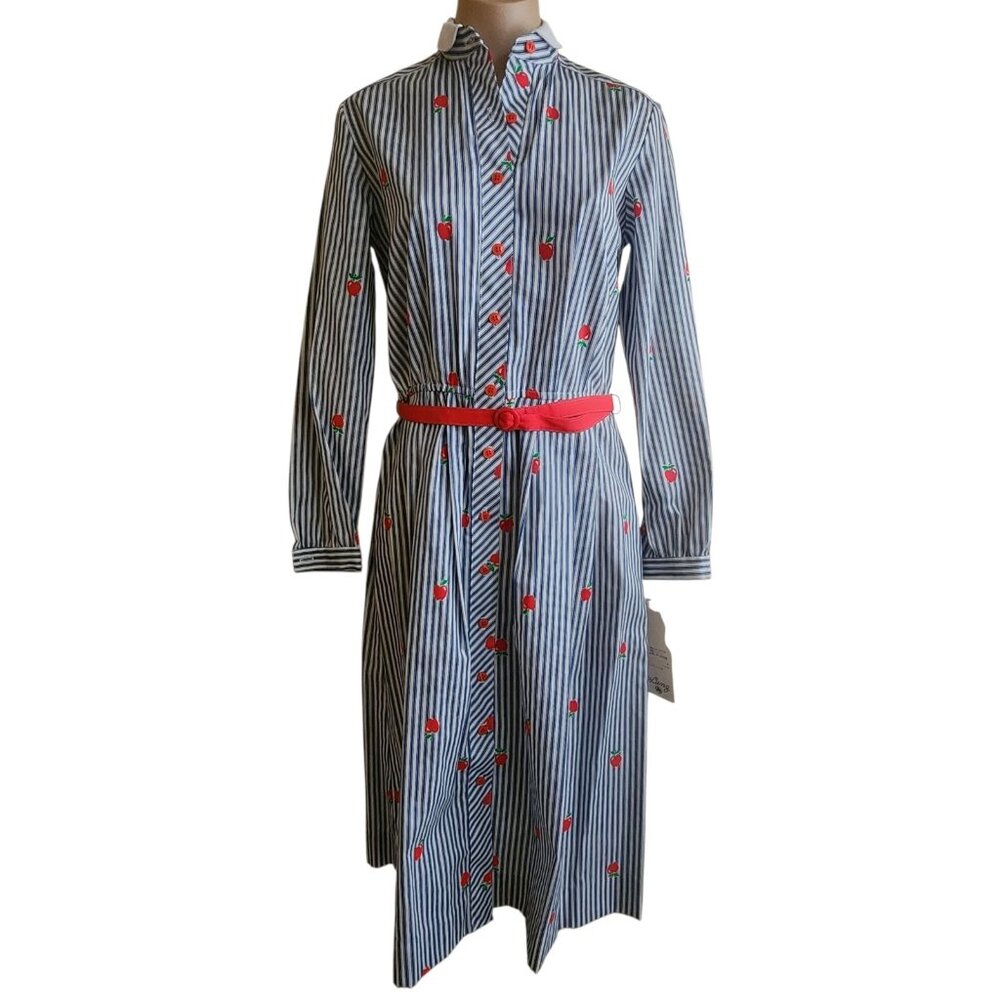 Vintage Lanz 1970s Belted Shirt Dress Teacher Apple Stripes Print Size 11/12 - Picture 15 of 16